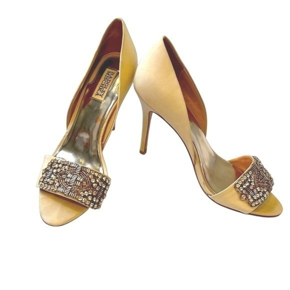 Badgley Mischka Rhinestone Silk Peeptoe Shoes Heels Open Toe Summer Blush 8.5 - Picture 2 of 16